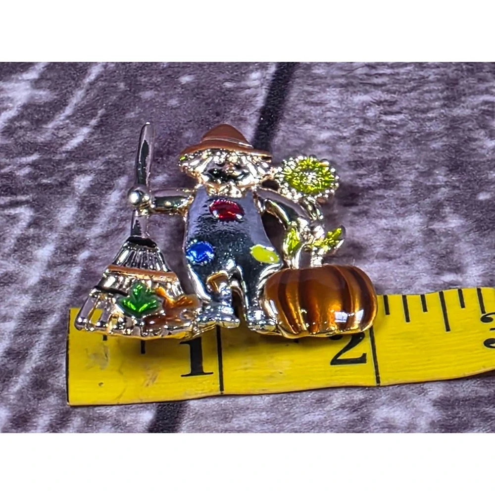 Fall Scarecrow Pin with Broom Pumpkin Sunflower Halloween Harvest Brooch